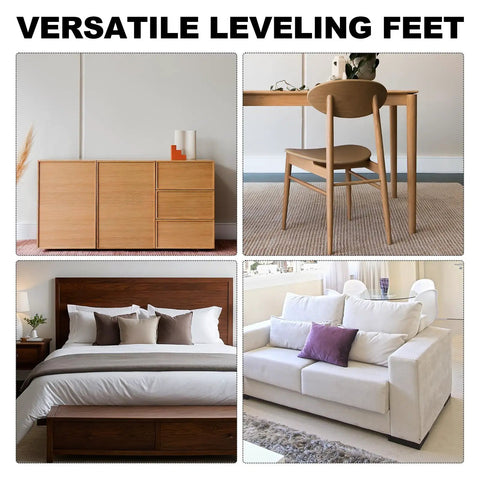 Adjustable Furniture Leveling Feet With T Nuts Anti Skid Pads Three Eighths Inch Sixteen Thread One And A Half Inch Length Heavy Duty Feet For Cabinets Tables Sofas And Mechanical Equipment Four Pack shown stabilizing cabinets, tables, beds, and sofas.