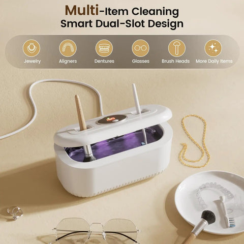 Heavy Duty Ultrasonic Jewelry Cleaner With 30W Output And 48KHz Waves To Crush Embedded Grime, dual slots for cleaning glasses and dentures.