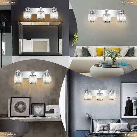 Three Light Crystal Bathroom Vanity Light In Chrome Finish, Modern Wall Fixture for Bedroom and Over Mirror Illumination