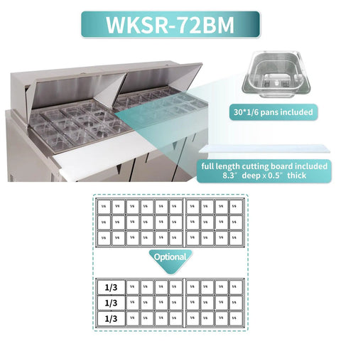 72 Inch Commercial Refrigerator Top Shelf Cold Prep Table for Sandwiches and Salads Fits Thirty Half Size Pans with full length cutting board included.