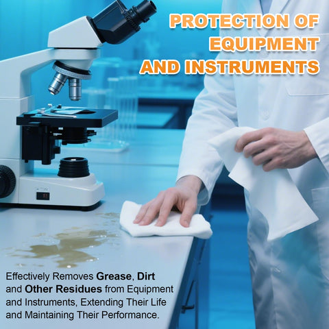 Scientist using Ultra Absorbent Microfiber Wipes 6x6 Inches, 100 Pcs No Lint Cleaning Cloths to wipe microscope area