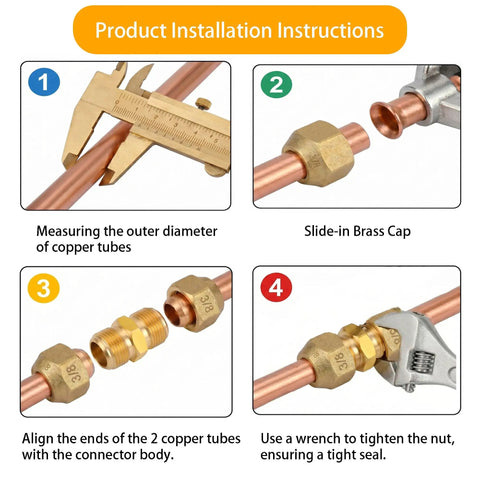 Product installation steps for Top Shelf 2 Pack 1/4 Inch Flare Nut Kit Solid Copper Pipe Extension Joint Connectors.