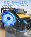 24V High Speed RS555 Gearbox For Kids Ride On Cars Upgrade Motor Drive 40000 RPM 12mm Shaft 35mm Diameter with yellow ride-on in background