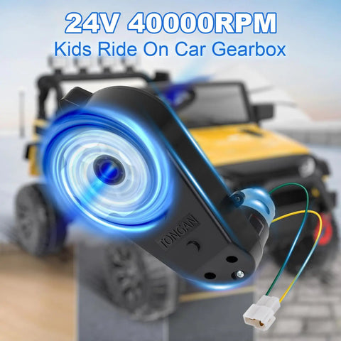 24V High Speed RS555 Gearbox For Kids Ride On Cars Upgrade Motor Drive 40000 RPM 12mm Shaft 35mm Diameter with yellow ride-on in background
