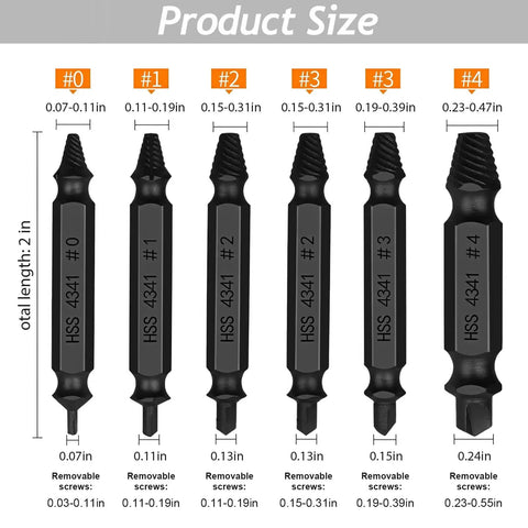 Six Piece Damaged Screw Extractor Tool Set For Stripped Screws Bolts And Nuts Easy Removal With High Speed Steel Bits sizes
