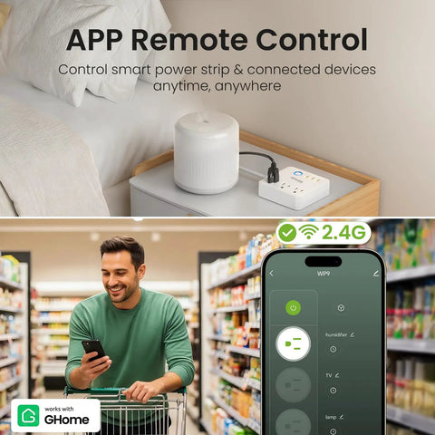 Smart Power Strip Surge Protector With 6 In 1 WiFi Outlets on a nightstand, remote control via smartphone app, supports 2.4G WiFi.