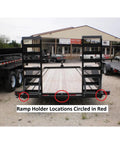 Ramp with circles indicating 2 Pack Beefy Rectangle Weld On Steel Ramp Gate Holders For Trailers Heavy Duty Trailer Hinge location