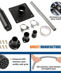 Ultra Quiet Generator Exhaust Silencer Extension Kit With Three Fitting Adapters And Insulated Wall Mount Plate components including stainless steel muffler and flexible pipe.