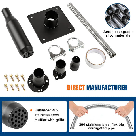 Ultra Quiet Generator Exhaust Silencer Extension Kit With Three Fitting Adapters And Insulated Wall Mount Plate components including stainless steel muffler and flexible pipe.