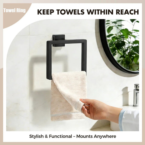 Matte Black 5 Piece Bathroom Hardware Set Made Of SUS304 Stainless Steel Towel Ring Wall Mounted for Modern Bathroom Organization
