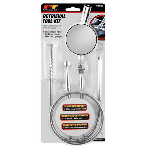 Ultimate Shop Tools Kit Featuring A 24 Inch Claw Retrieval Wand, Extendable 21 Inch Mirrored Inspection Stick, And Magnetic Pickup Picker For Garage Or Auto Repair Jobs. Packaged set