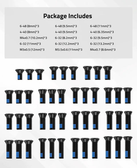 Assorted Red Dot Sight And Optics Mount Screws Pack 45 Pieces In 15 Sets Imperial And Metric Threads with Blue Coating