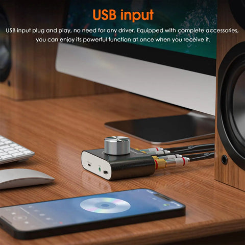 Mini Pocket Bluetooth 5.0 Amp Delivers 100W Stereo Output, 50W Per Channel, with AUX USB Input on wooden desk next to computer.