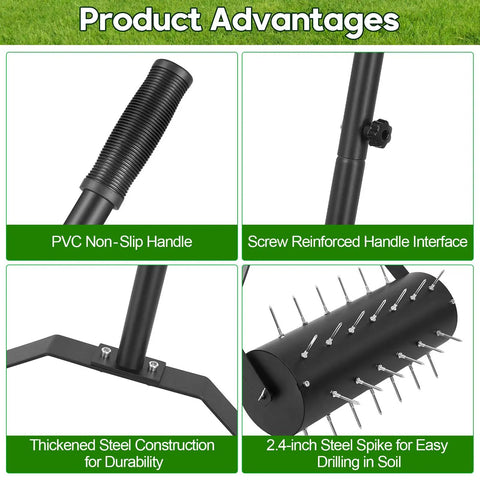 Close-up of 18 Inch Rolling Lawn Aerator Tool With 50 To 70 Inch Adjustable Handle Heavy Duty Spike Aerator features and components