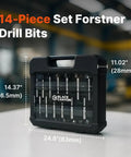 Workhorse 14 Piece Forstner Bit Set Crafted From Heavy Duty High Speed Steel With Black Phosphate Finish And Razor Sharp Pilot Guide Rings For Flawless Flat Bottom Wood Drilling Across Cabinetry Projects in a measurement case.