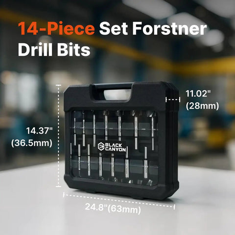 Workhorse 14 Piece Forstner Bit Set Crafted From Heavy Duty High Speed Steel With Black Phosphate Finish And Razor Sharp Pilot Guide Rings For Flawless Flat Bottom Wood Drilling Across Cabinetry Projects in a measurement case.