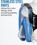 Close-up of Freedom HD Scuba Mask With Ultra Wide 180-Degree View, showcasing stainless steel parts and black-blue frame.