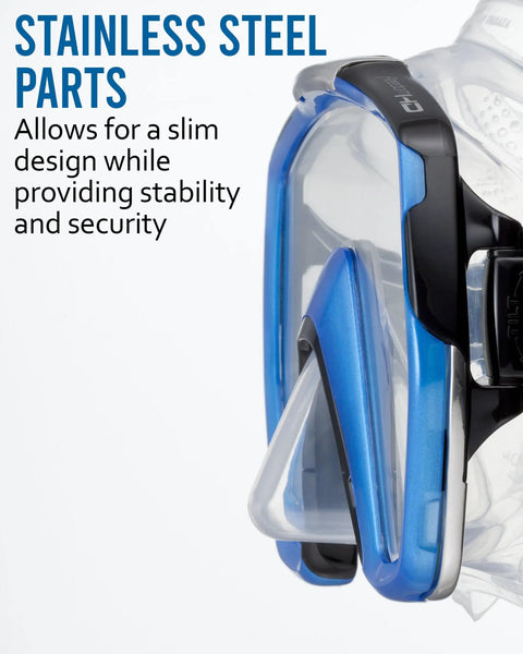 Close-up of Freedom HD Scuba Mask With Ultra Wide 180-Degree View, showcasing stainless steel parts and black-blue frame.