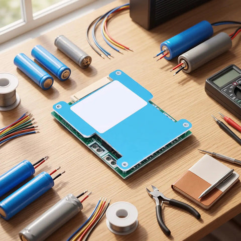 Rugged 13s Lithium Battery Protection Board With Smart Temperature Control And Real Time Cell Voltage Monitoring 50a Bms Pack Balancer on a workbench with tools.