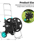 Heavy Duty Metal Garden Hose Reel Cart For Outside Use Handles 100 To 120 Feet Of Five Eighths Inch Hose With Adjustable Armrests And Two Wheels Durable Water Hose Holder For Yard Lawn And Garden shown with dimensions and adjustable armrests.