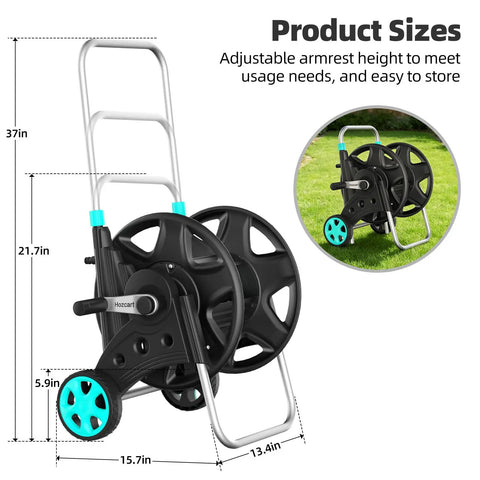Heavy Duty Metal Garden Hose Reel Cart For Outside Use Handles 100 To 120 Feet Of Five Eighths Inch Hose With Adjustable Armrests And Two Wheels Durable Water Hose Holder For Yard Lawn And Garden shown with dimensions and adjustable armrests.