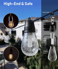 Close-up of S14 Edison vintage bulb from 50Ft Led Outdoor String Lights With Dimmer And App Control, highlighting components.