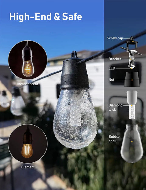 Close-up of S14 Edison vintage bulb from 50Ft Led Outdoor String Lights With Dimmer And App Control, highlighting components.