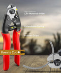 Cable cutter with rubber grips and stainless steel aircraft cable, part of 600 Ft One Eighth Inch T316 Stainless Steel Aircraft Cable For Deck Railing Kit And DIY Balustrades, 7x7 Construction With Cutter, Marine Grade Rust Resistant Wire Rope For Outdoor Use.