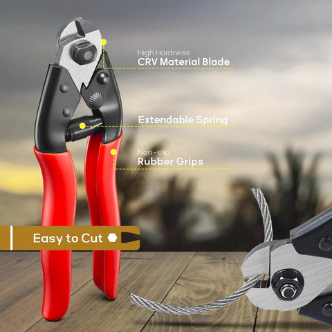 Cable cutter with rubber grips and stainless steel aircraft cable, part of 600 Ft One Eighth Inch T316 Stainless Steel Aircraft Cable For Deck Railing Kit And DIY Balustrades, 7x7 Construction With Cutter, Marine Grade Rust Resistant Wire Rope For Outdoor Use.