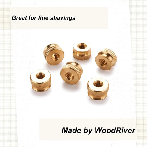 Slick Brass Knurled Thumb Nuts 1/4 X 20 Coarse Thread 9/16 Inch Diameter 3/8 Inch Height Quick Grip Finger Tightening Clamp Knobs Six Pack displayed.