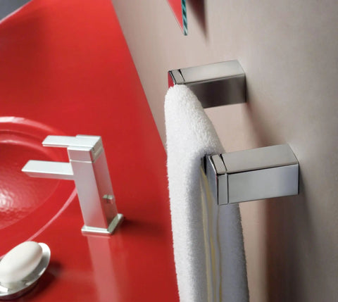 90 Degree Chrome Hand Towel Bar For Bathroom Durable Stainless Steel Toweling Rail near red sink and faucet