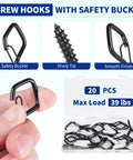 Heavy Duty Two Point Two Inch Metal Screw Hooks With Safety Buckle Latch Weatherproof Black Twenty Pack for gear storage