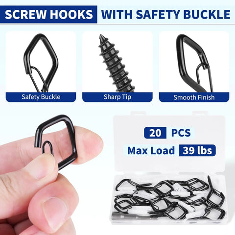 Heavy Duty Two Point Two Inch Metal Screw Hooks With Safety Buckle Latch Weatherproof Black Twenty Pack for gear storage