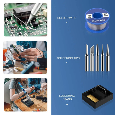 80W Soldering Iron Kit With Digital LCD Display Pro Grade Adjustable Temperature On Off Switch Fast Heating Thermostatic Design 12 In 1 DIY Solder Gun For Circuit Boards And PCB Welding with accessories including solder wire, tips, and stand