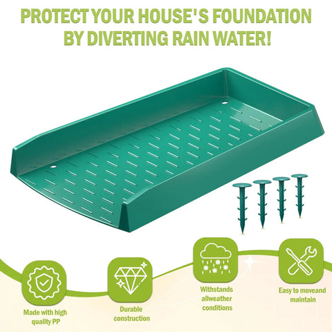 4 Pack No Sweat Rain Gutter Downspout Extensions Featuring Extra Wide One Piece Splash Block Design For Rock Solid Water Drainage And Foundation Protection Drop Dead Easy Setup Green, green polypropylene splash block with drainage holes.