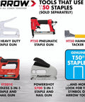 Image of tools that use Heavy Duty T50 Staples For Upholstery And Framing With A Bulletproof 3/8 Inch Crown And Knockout 5/16 Inch Legs In A Massive 5000 Count Pack Built Like A Tank Made In The Usa.