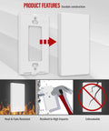 Screwless Blank Wall Plate For 1 Gang Outlet Cover, Kid Safe Blank Device Cover, 4.68 Inches By 2.93 Inches, Polycarbonate Thermoplastic, UL Listed, Glossy White, 5 Pack, Durable Impact Resistant shown with heat and impact features.