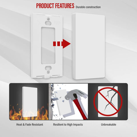 Screwless Blank Wall Plate For 1 Gang Outlet Cover, Kid Safe Blank Device Cover, 4.68 Inches By 2.93 Inches, Polycarbonate Thermoplastic, UL Listed, Glossy White, 5 Pack, Durable Impact Resistant shown with heat and impact features.