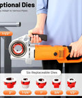 Built Tough Portable Pipe Threader Driven By 2300 Watt Copper Motor, with six grip dies in hand for threading conduit.