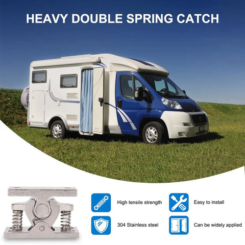 Heavy Duty Spring Loaded Door Lock And Cabinet Latch Double Roller Catch For Doors Cabinets And Camper Boat Caravan Doors Stainless Steel Durable Design Perfect For RVs Boats Trailers And Homes, shown with RV and features list