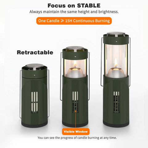 Retractable Compact Real Candle Lantern for Camping and Emergency Lighting, 15 Hour Burn Time, Portable Green Lantern for Power Outages