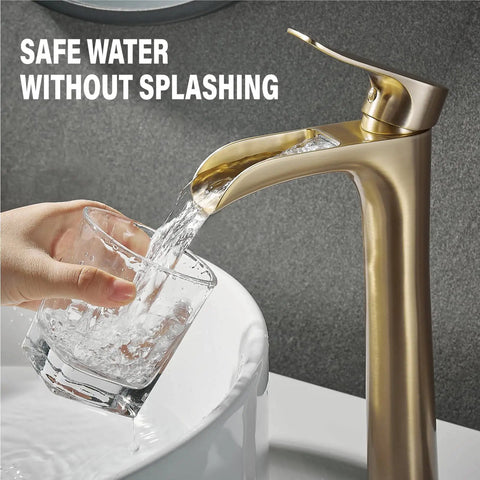 Chrome Vessel Sink Faucet Tall Single Hole Single Handle Waterfall Bathroom Faucet With Pop Up Drain Easy Install For Bowl Sinks