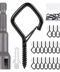 Heavy Duty Two Point Two Inch Metal Screw Hooks With Safety Buckle Latch Weatherproof Black Twenty Pack For Outdoor Gear And Garage Storage Tough As Nails Mounting Solutions For Indoor Outdoor Use shown with accessories