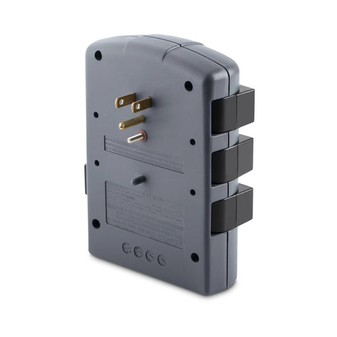 Back view of Six Outlet Power Strip Surge Protector with Rotating AC Outlets and Flat Pivot Plug, heavy duty wall extender.