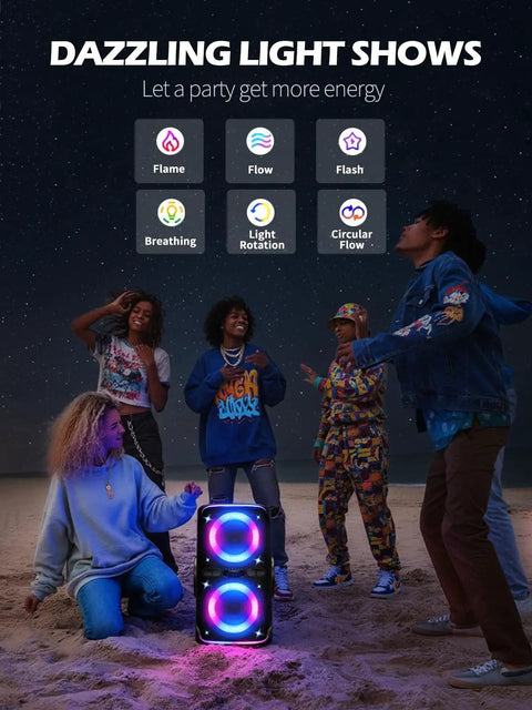 Ultimate Party Bluetooth Speaker With 240W Peak Power, Dazzling Light Show on beach at night with dancing group