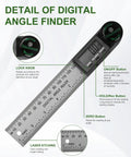 Detail of Heavy Duty Stainless Steel Digital Angle Finder With Dual Scale Folding Ruler And Big Clear Screen showing buttons and features.