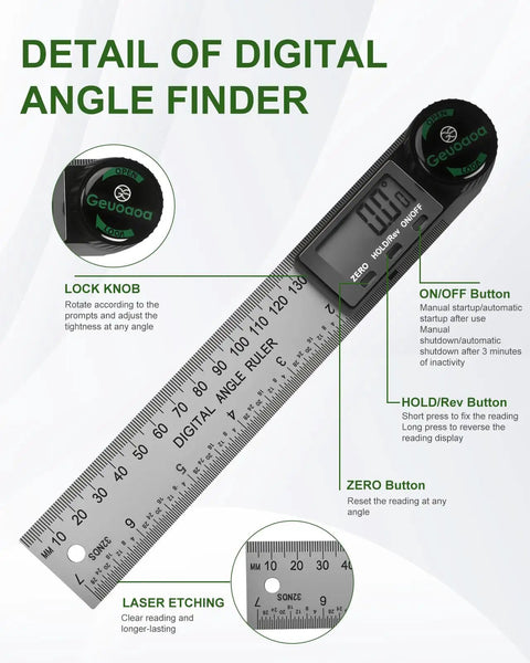 Detail of Heavy Duty Stainless Steel Digital Angle Finder With Dual Scale Folding Ruler And Big Clear Screen showing buttons and features.