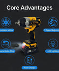 Core advantages of Beefy 21V Brushless Cordless Impact Wrench Kit with half inch drive, featuring brushless motor and LED lighting.