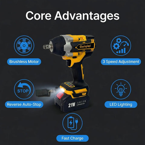 Core advantages of Beefy 21V Brushless Cordless Impact Wrench Kit with half inch drive, featuring brushless motor and LED lighting.