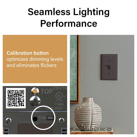 Pro Level 150 Watt Toggle LED Dimmer Switch For Smooth Flicker Free Lighting And Big Time Brightness Control With Slick Brown Wall Plate and calibration button.